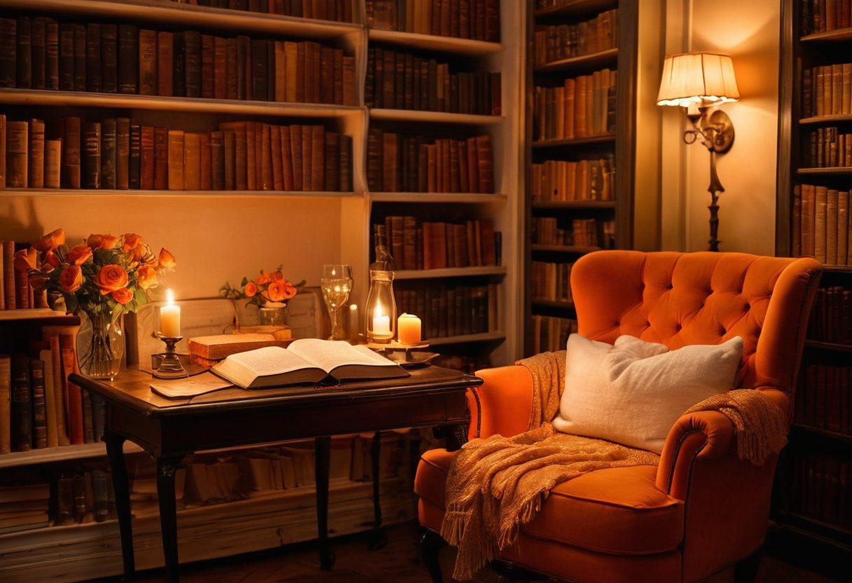 A beautifully arranged vintage bookshelves filled with romantic novels, surrounded by soft candlelight and roses. An open book with elegant calligraphy, glowing with a warm orange hue. A cozy armchair draped with a silk shawl invites you to indulge in seductive tales. Ethereal wisps of mist curl around the scene, enhancing the allure of literature. soft lighting. romantic atmosphere. elegant. vibrant colors. vintage style.