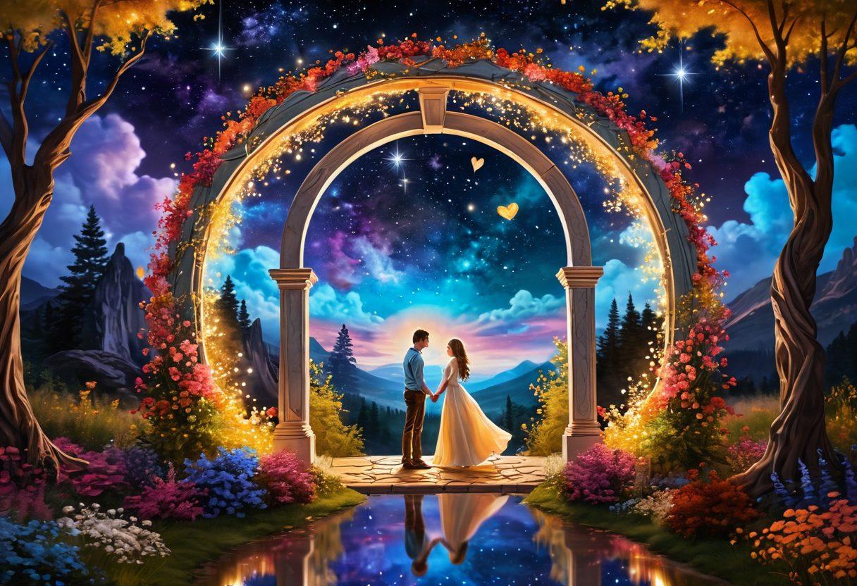 A whimsical scene depicting a couple in love stepping through a magical portal, with fantastical elements like glowing hearts and sparkling stars around them. The background transitions from a dreamlike fantasy landscape to a warm, inviting reality, symbolizing their love journey. Incorporate vibrant colors and enchanting details, such as swirling clouds and a pathway of flowers. vibrant colors. super-realistic.
